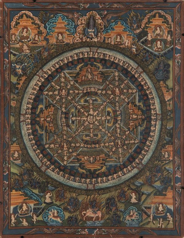 Dipinto su seta applicata su carta raffigurante divinità, Tibet, XX secolo