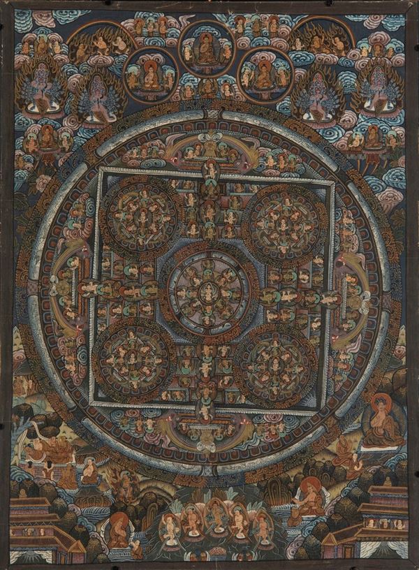 Dipinto su seta applicata su carta raffigurante divinità, Tibet, XX secolo