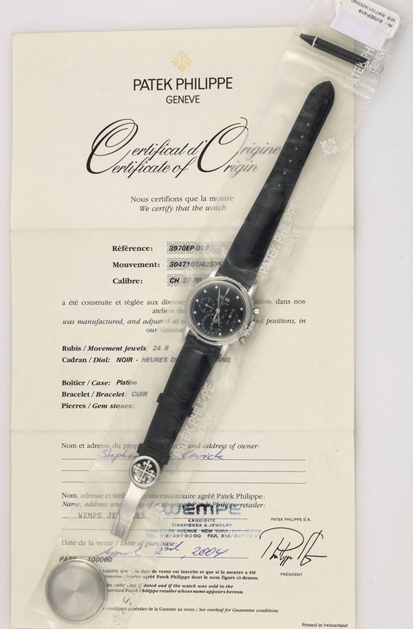 PATEK PHILIPPE - 3970 EP. Raffinatissimo orologio da polso in platino impreziosito con diamanti, mai  [..]
