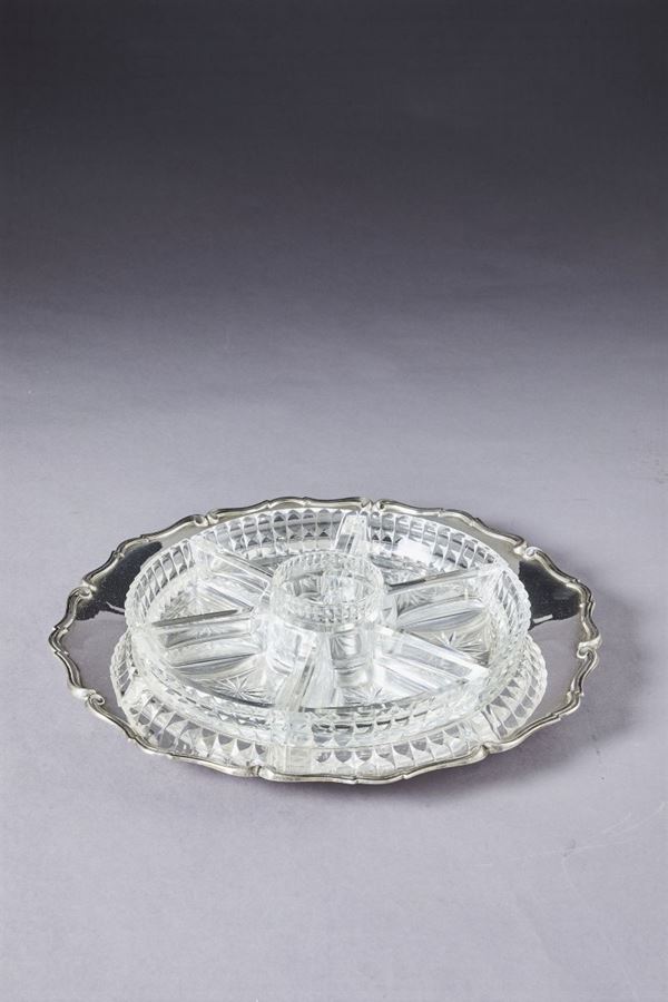 Antipastiera in argento e vetro molato. Argenteria italiana del XX secolo