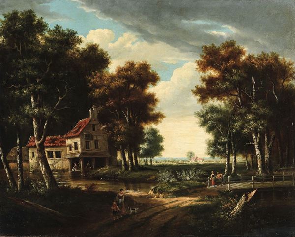 Scuola fiamminga della fine del XVII secolo Paesaggio rurale con contadini