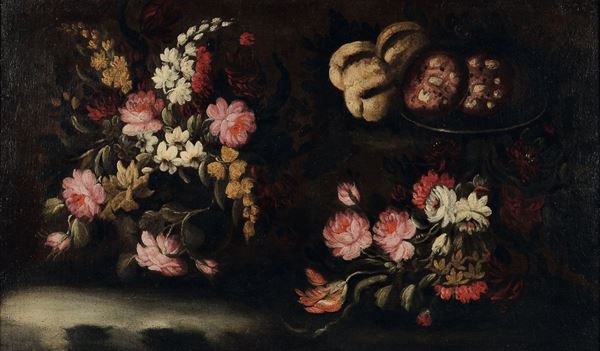 Giuseppe Pesci (Parma ?-1722), attribuito a Natura morta con vasi di fiori e tasso