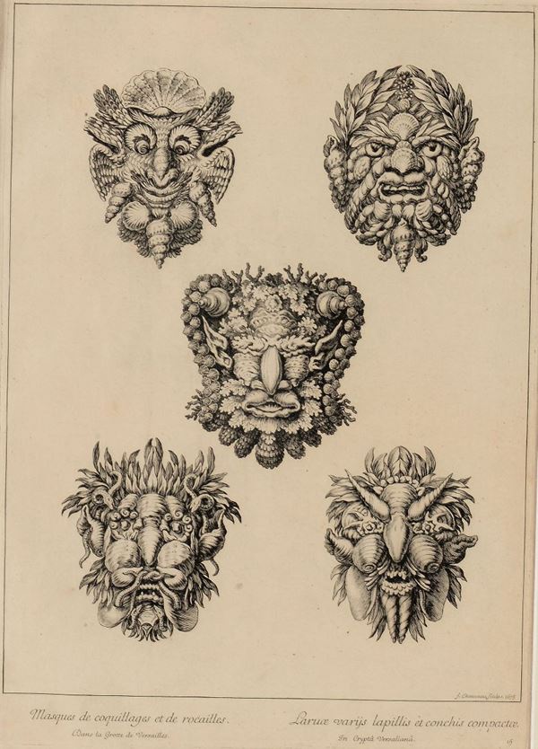 Francois Chauveau (Parigi 1613-1676) Masques de coquillage et de recailles dans la grotte de Versailles