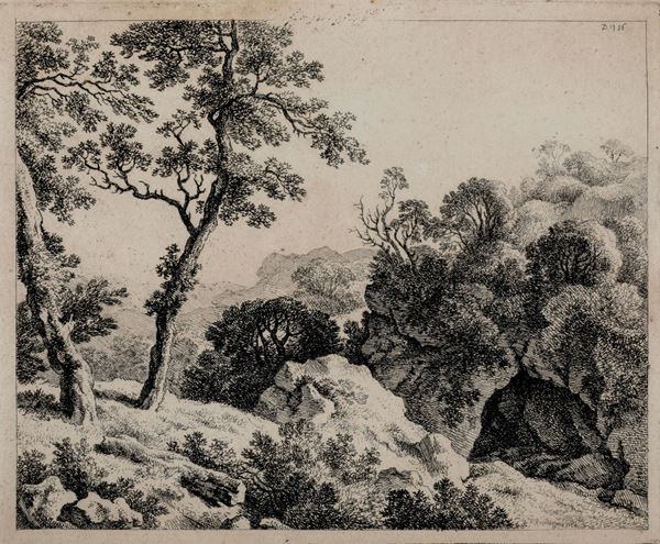 Franz Rechberger (Vienna 1771-1841) Paesaggio con alberi e rocce