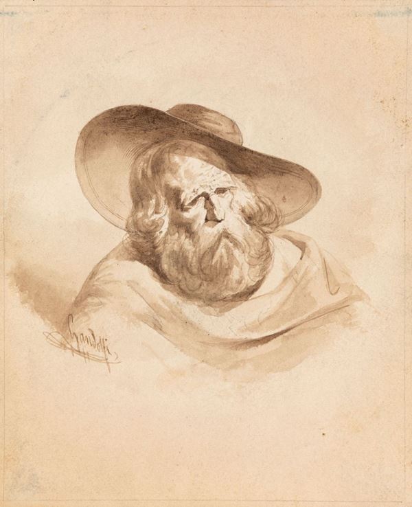 Mauro Gandolfi (Bologna 1764-1834) Testa d'uomo barbuto con grande copricapo