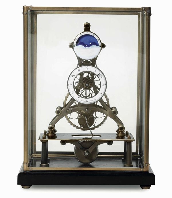 Riproduzione di orologio scheletrico in ottone, firmato Franz Denk in Wien, XX secolo