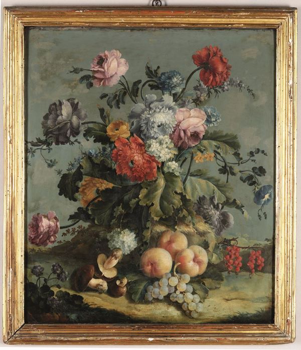 Scuola francese del XVIII secolo Natura morta con fiori, frutta e funghi