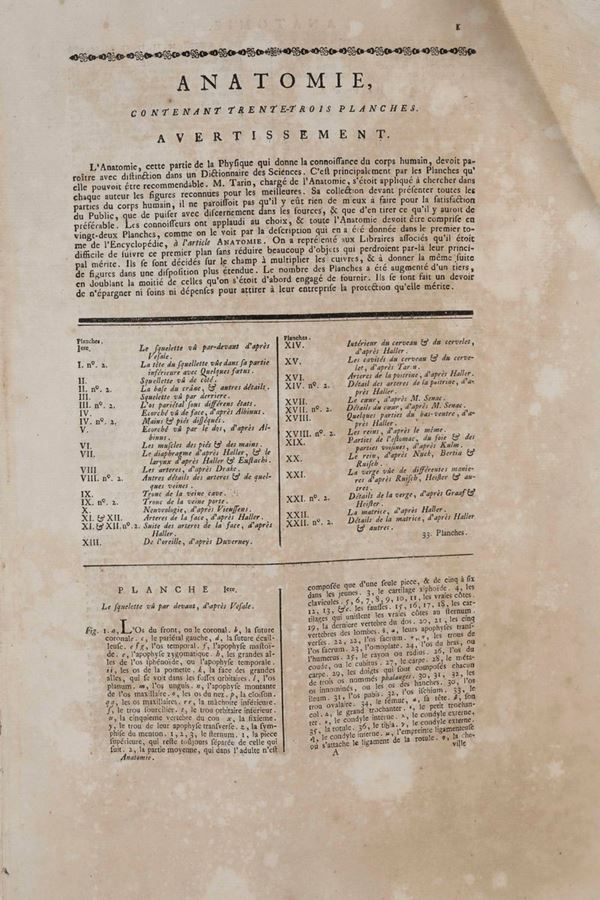 Diderot-d'Alembert Raccolta di tavole dedicate alla anatomia del corpo umano. Fascicolo esplicativo e 22 tavole incise.