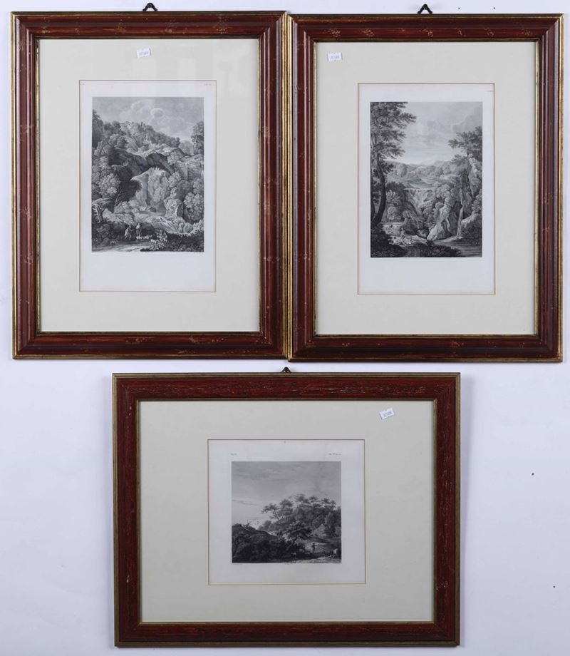 Tre stampe raffiguranti paesaggi campestri, XIX secolo  - Asta Antiquariato Settembre  [..]
