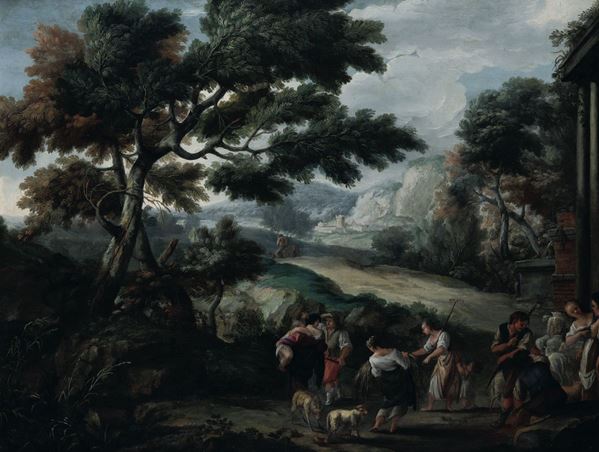 Teodor Helmbreker (Haarlem 1633 - Roma 1696) Paesaggio con contadini
