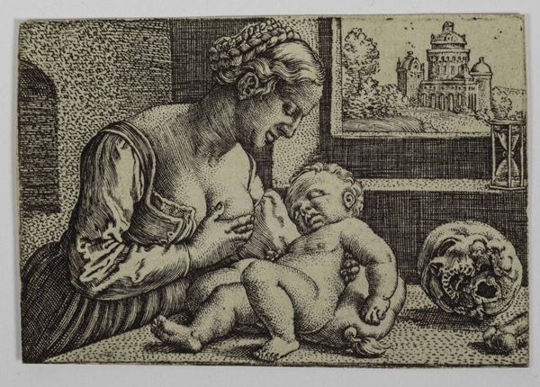 Barthel Beham (Norimberga, 1502 - Italia, 1540) La Vergine col Bambino e il teschio