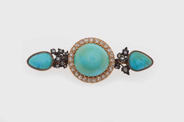 Turquoise, diamond, gold and silver brooch
