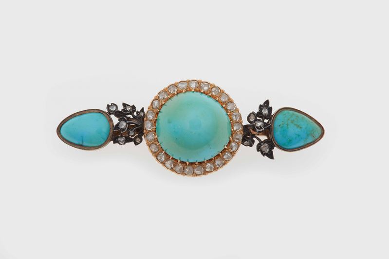 Turquoise, diamond, gold and silver brooch  - Auction Fine and Coral Jewels - Cambi  [..]