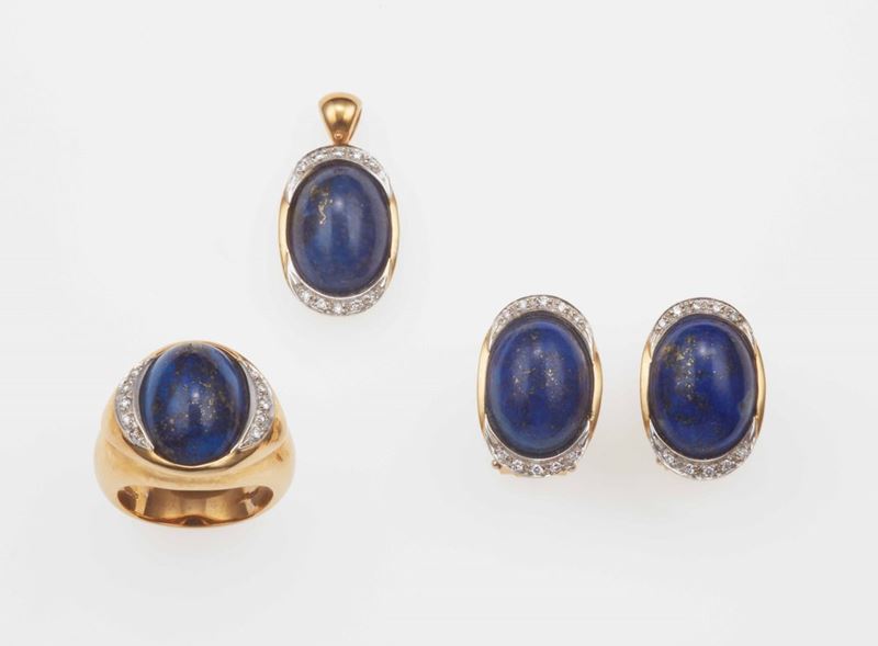 Parure composta da anello, orecchini e pendente con lapislazzuli e diamanti  - Auction Jewels - Time Auction - Cambi Casa d'Aste