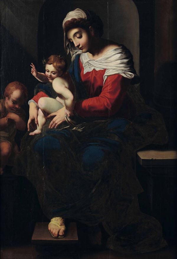 Polidoro Caldara detto Polidoro da Caravaggio (Caravaggio 1499/1500 ca. - Messina 1543), cerchia di Madonna con Bambino e San Giovannino
