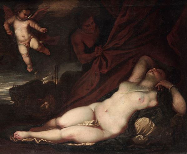 Scuola veneta del XVII secolo Marte che sorprende Venere dormiente