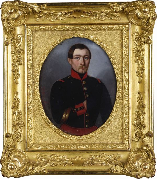 Siglato indistintamente e datato 1849 Ritratto di ufficiale in divisa nera con profili rossi
