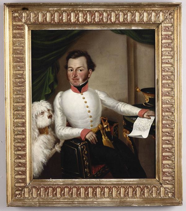 Firmato Carlo Wehrte, e datato 1823 Ritratto del Barone Wimjffer con cane