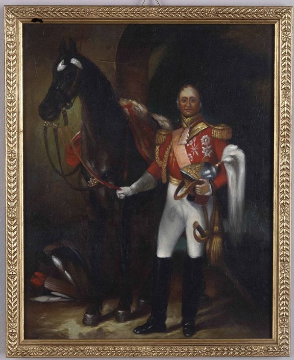 Scuola inglese del XIX secolo Ritratto di ufficiale con cavallo