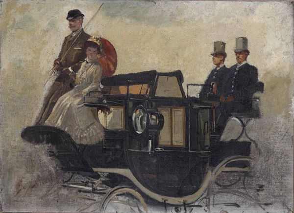 Firmato De Albertis, XIX secolo Gentildonna in carrozza con cocchieri