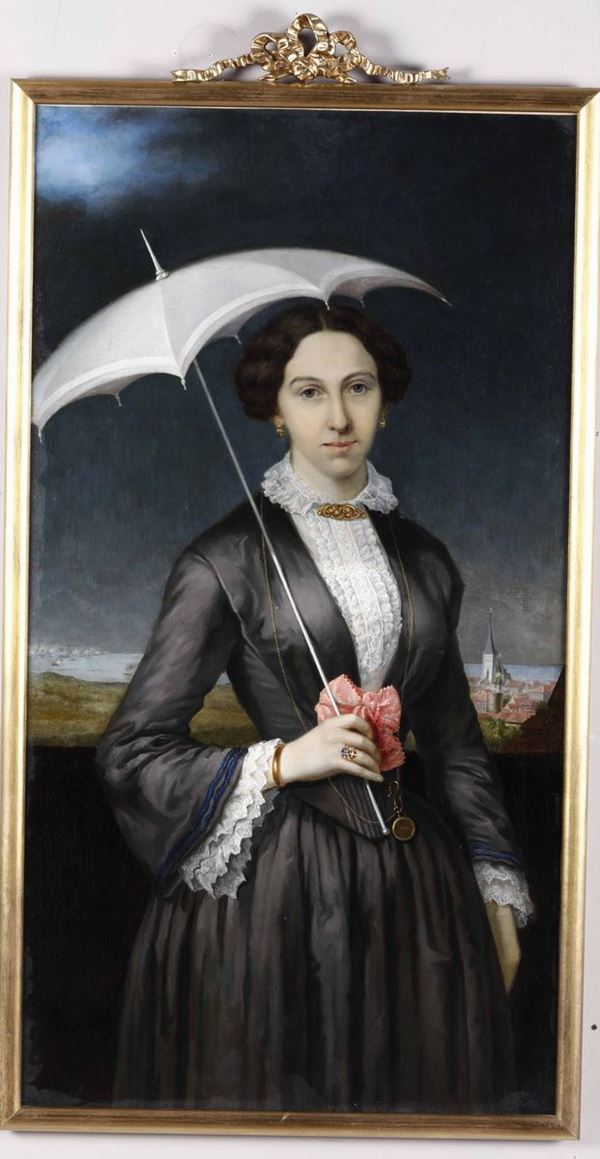 Artista del XIX secolo Ritratto di signora con ombrellino