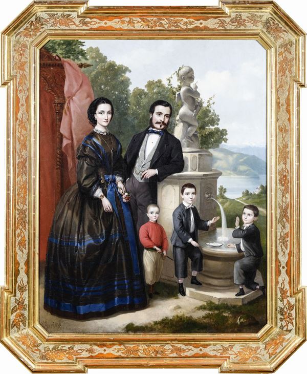 Firmato Gorini, XIX secolo Ritratto di famiglia con veduta di lago sullo sfondo
