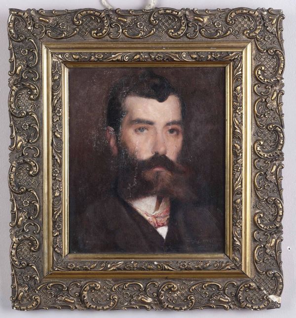Firmato indistintamente Marius Mecher e datato 1905 Ritratto di giovane con barba e grandi baffi