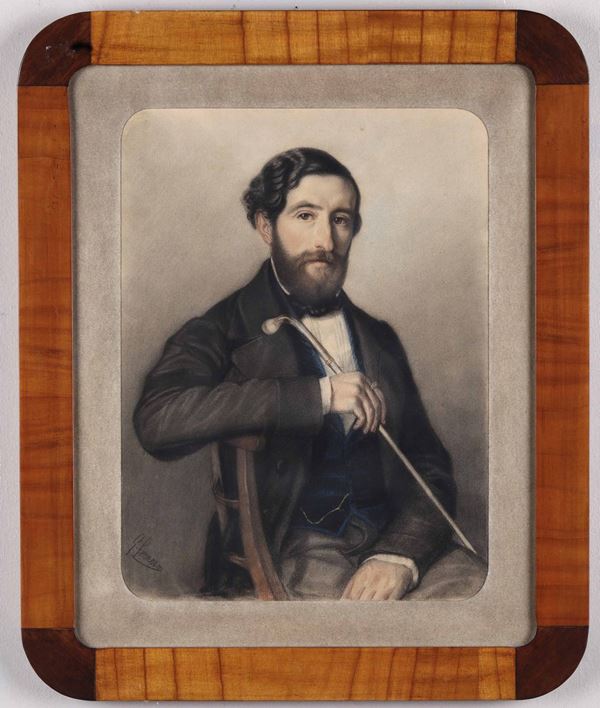 Firmato G. Ferrero, prima metà del XIX secolo Ritratto di gentiluomo con lunga pipa in mano Ritratto di gentildonna appoggiata a una balaustra