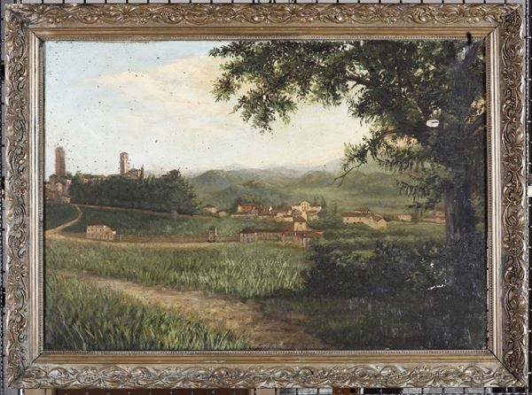 Scuola italiana degli inizi XX secolo Paesaggio con sfondo di città turrita