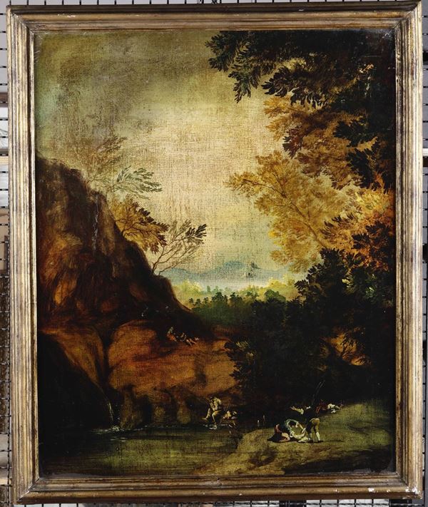 Scuola veneta, probabilmente del XVIII secolo Paesaggio boschivo con figure in riva a un lago