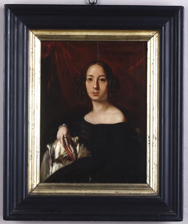 Artista inglese della metà del XIX secolo Ritratto di signora in abito marrone
