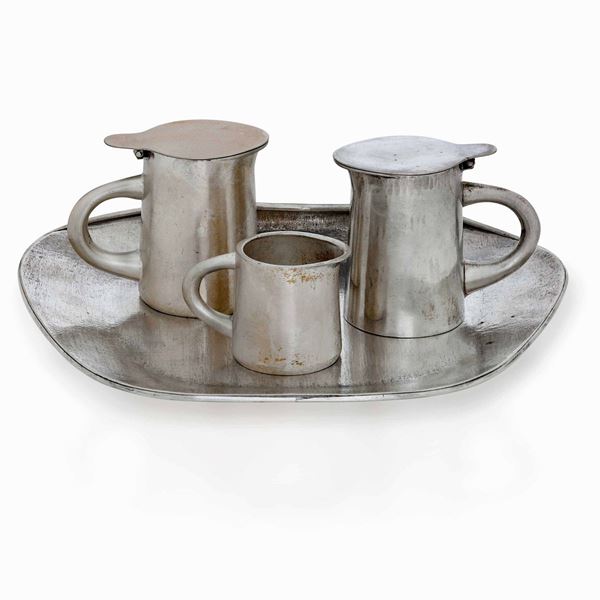 Servizio da colazione in argento satinato composto da quattro pezzi, design modernista firmati Finzi.
