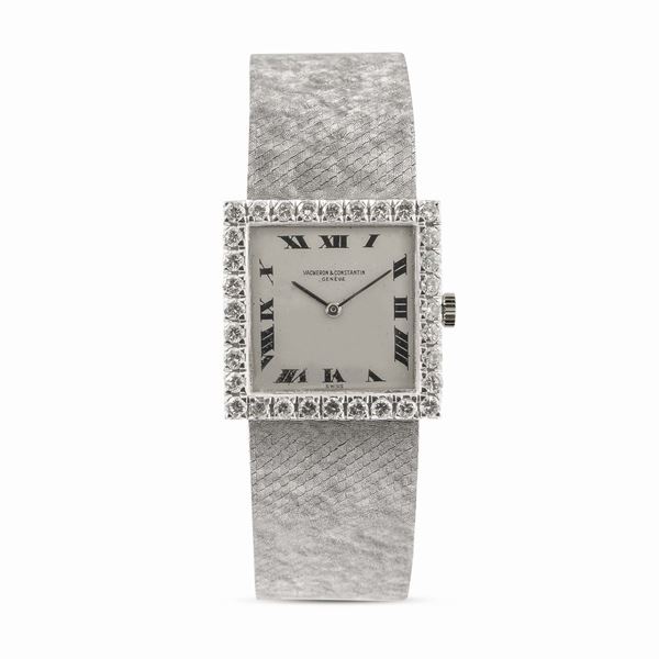 VACHERON CONSTANTIN - Elegante orologio in oro bianco con lunetta in diamanti, bracciale integrato in oro bianco, carica manuale, circa 1950