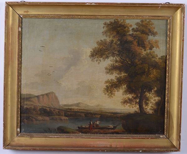 Scuola romana del XVIII secolo Paesaggio con pescatore
