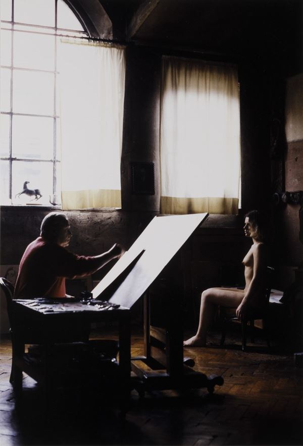 Nino Lo Duca (1940) Bruno Cassinari al lavoro nel suo studio di Milano con una modella, 1980