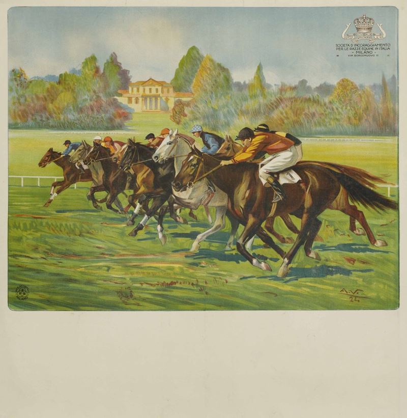 Alfredo Vaccari (Torino 1877 - 1933)<br>(CORSE A MONZA) / SOCIETA’ D’INCORAGGIAMENTO PER LE RAZZE EQUINE, MILANO  - Auction Vintage Posters - Cambi Casa d'Aste