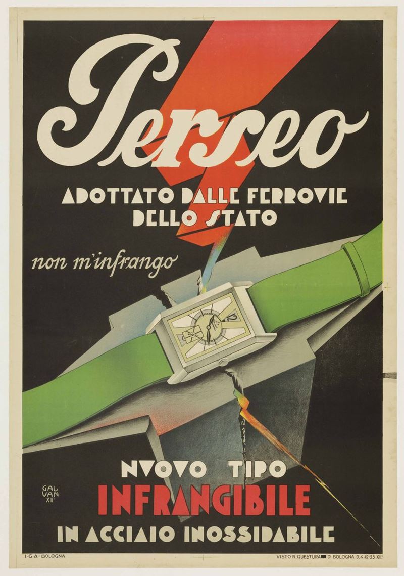 Galvan<br>PERSEO, ADOTTATO DALLE FERROVIE DELLO STATO... NUOVO TIPO INFRANGIBILE...  - Auction Vintage Posters - Cambi Casa d'Aste