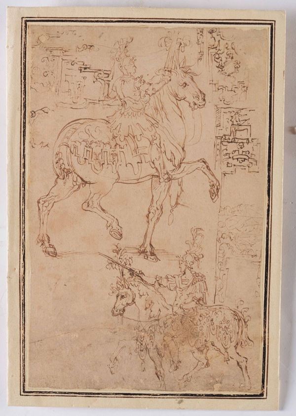 Bernardo Buontalenti (Firenze 1531-1698), attribuito a Studio per figura di cavaliere e architetture