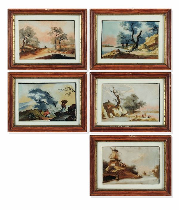 Cinque paesaggi agresti Arte veneta del XVIII-XIX secolo Dipinti su vetro entro cornici in legno modanato