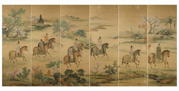 Sei grandi pannelli dipinti su seta raffiguranti personaggi a cavallo entro paesaggio, Cina, Dinastia  [..]