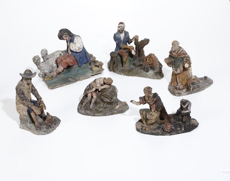 Sei statuine da presepe in terracortta dipinta, Marche XIX secolo  - Auction Sculptures | Cambi Time - Cambi Casa d'Aste