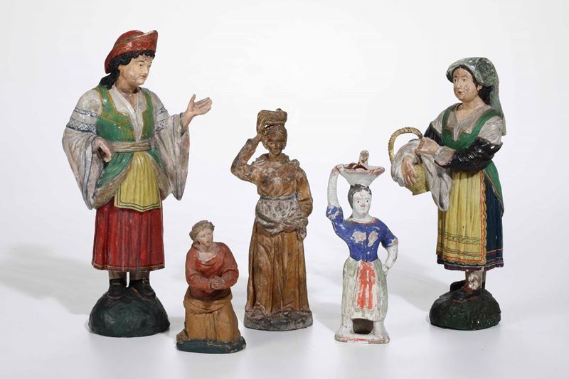 Lotto di cinque figurine da presepe. Italia XIX-XX secolo  - Asta Scultura | Cambi Time - Cambi Casa d'Aste