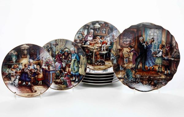 Collezione di nove piatti dalla serie “Besuch bei den Großeltern” (“Visita ai nonni”) Germania, Blankenhain (Turingia), Manifattura di Weimar, ultimo decennio del XX secolo Progetto dall’artista Harald Schwaiger (1945)