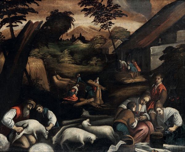 Jacopo da Ponte detto Jacopo Bassano (Bassano del Grappa 1510-1592), nei modi di Paesaggio con contadini e pastori