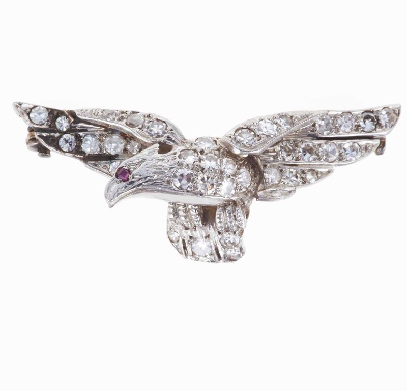 Diamond, ruby and platinum brooch  - Auction Fine and Coral Jewels - Cambi Casa  [..]