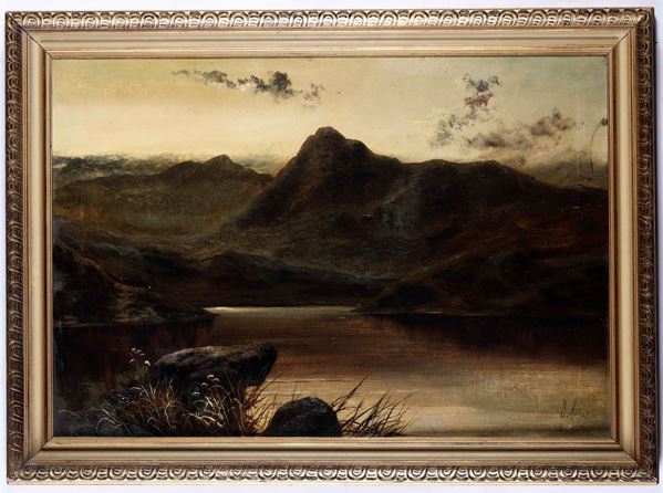 Dipinto raffigurante paesaggio lacustre, firmato A. Hicks