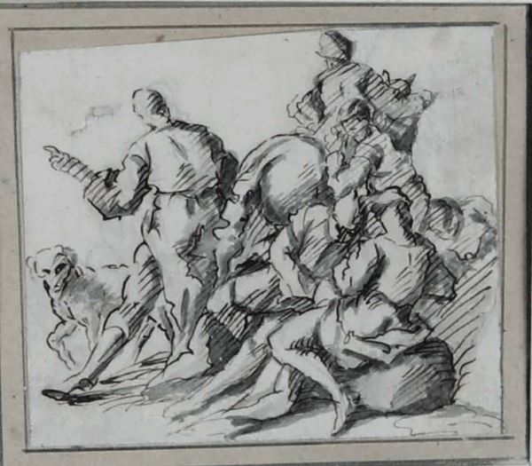 Scuola italiana del XVIII secolo Figure di cacciatori con cane