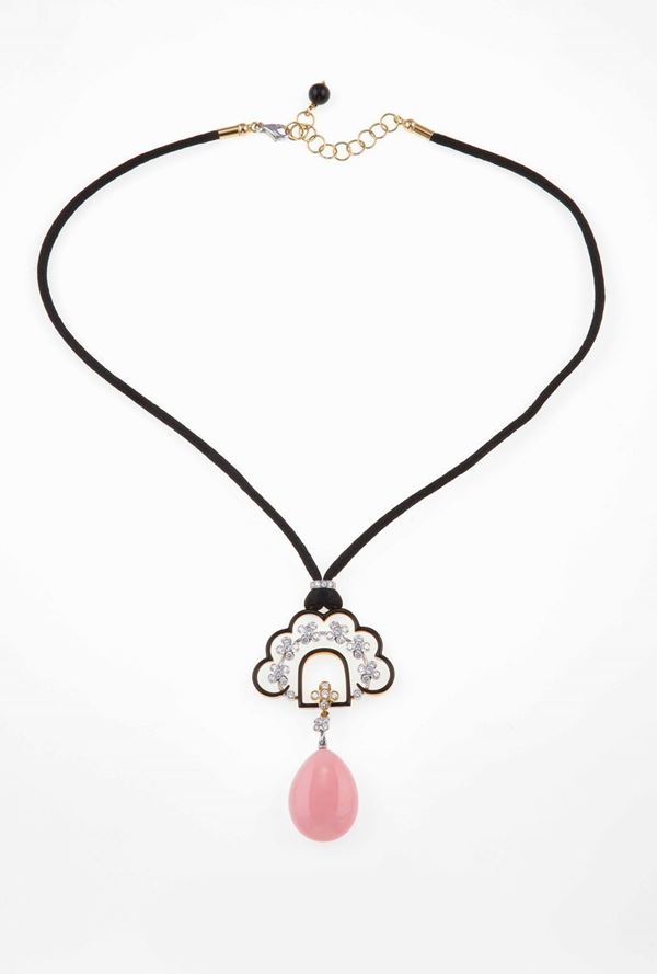 Pink opal, diamond, enamel and gold necklace