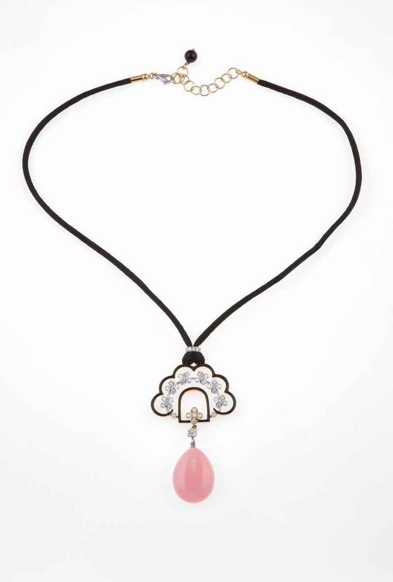 Pink opal, diamond, enamel and gold necklace  - Auction Fine and Coral Jewels -  [..]