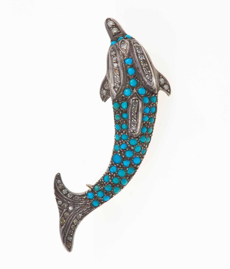 Spilla/pendente delfino con turchesi e piccoli diamanti  - Asta Spring Jewels - I - Cambi Casa d'Aste